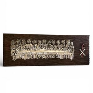 Vintage Last Supper Wood Carved Wall Art Panel Christian Chi Rho Decor